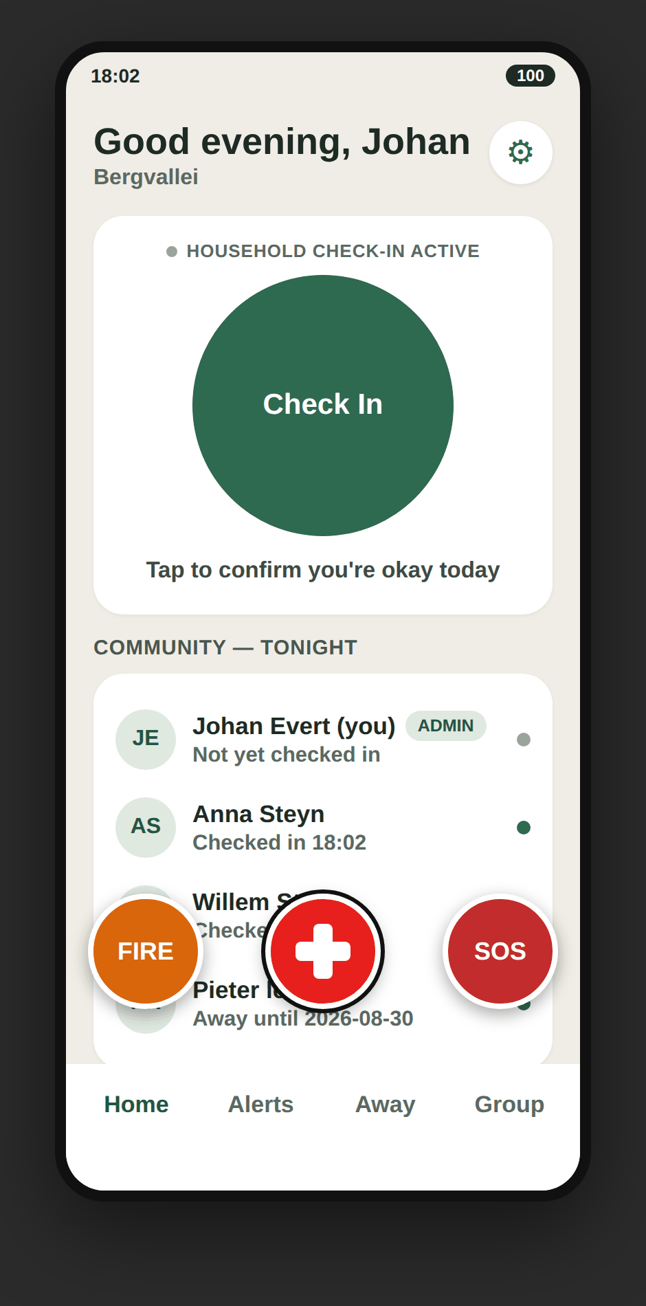 The Farm Safety app open on a phone, showing the evening check-in button and the community roster.