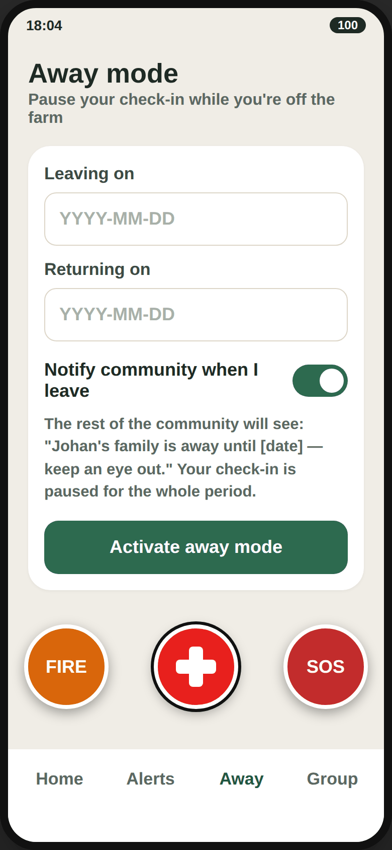 The Away form, with a start date, return date and a note to the community.