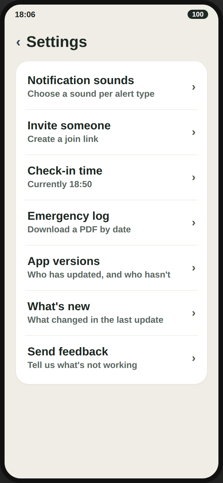 Settings, including the community's nightly check-in time.
