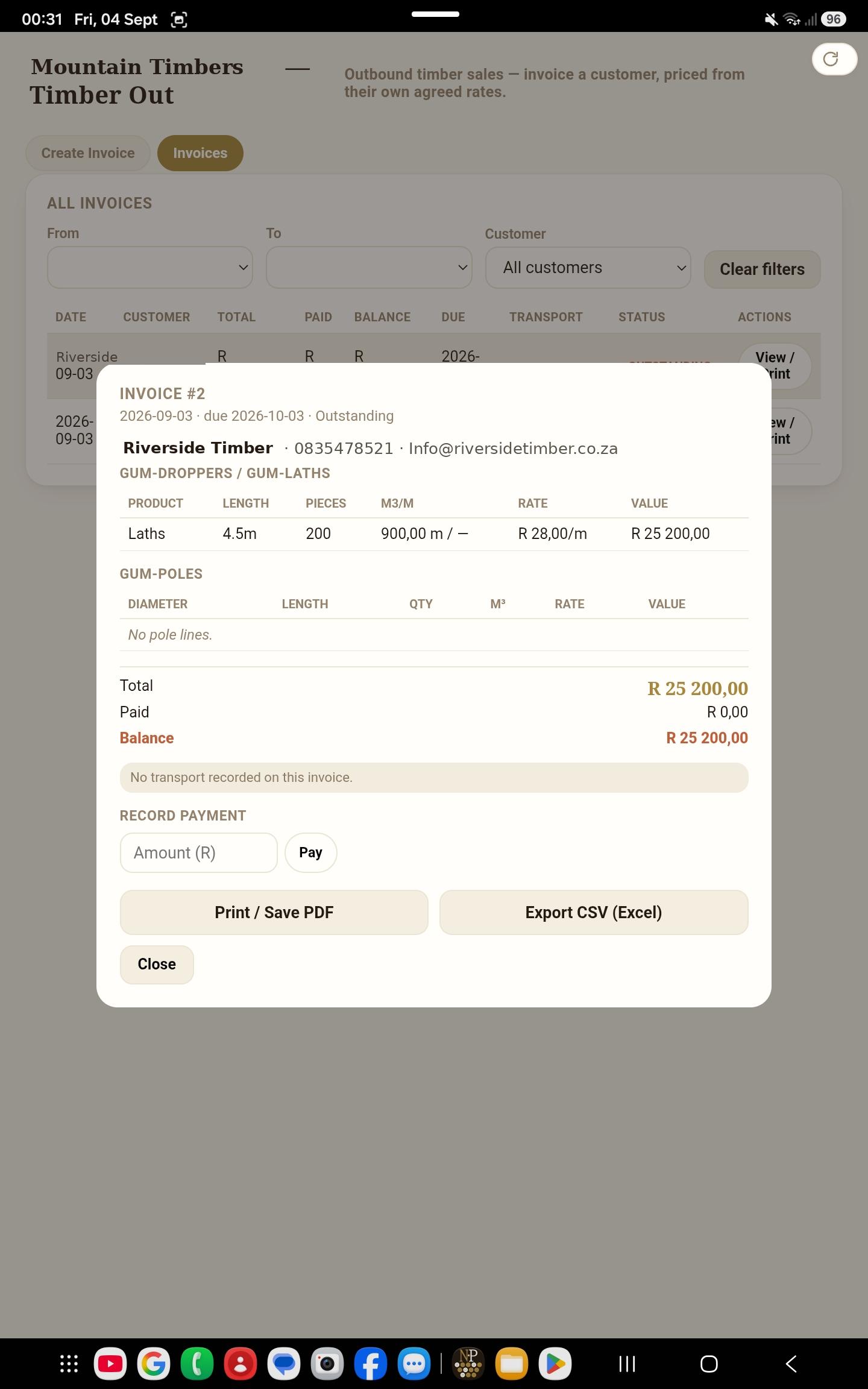 A printed customer invoice on the tablet, with line detail and a record-payment field.