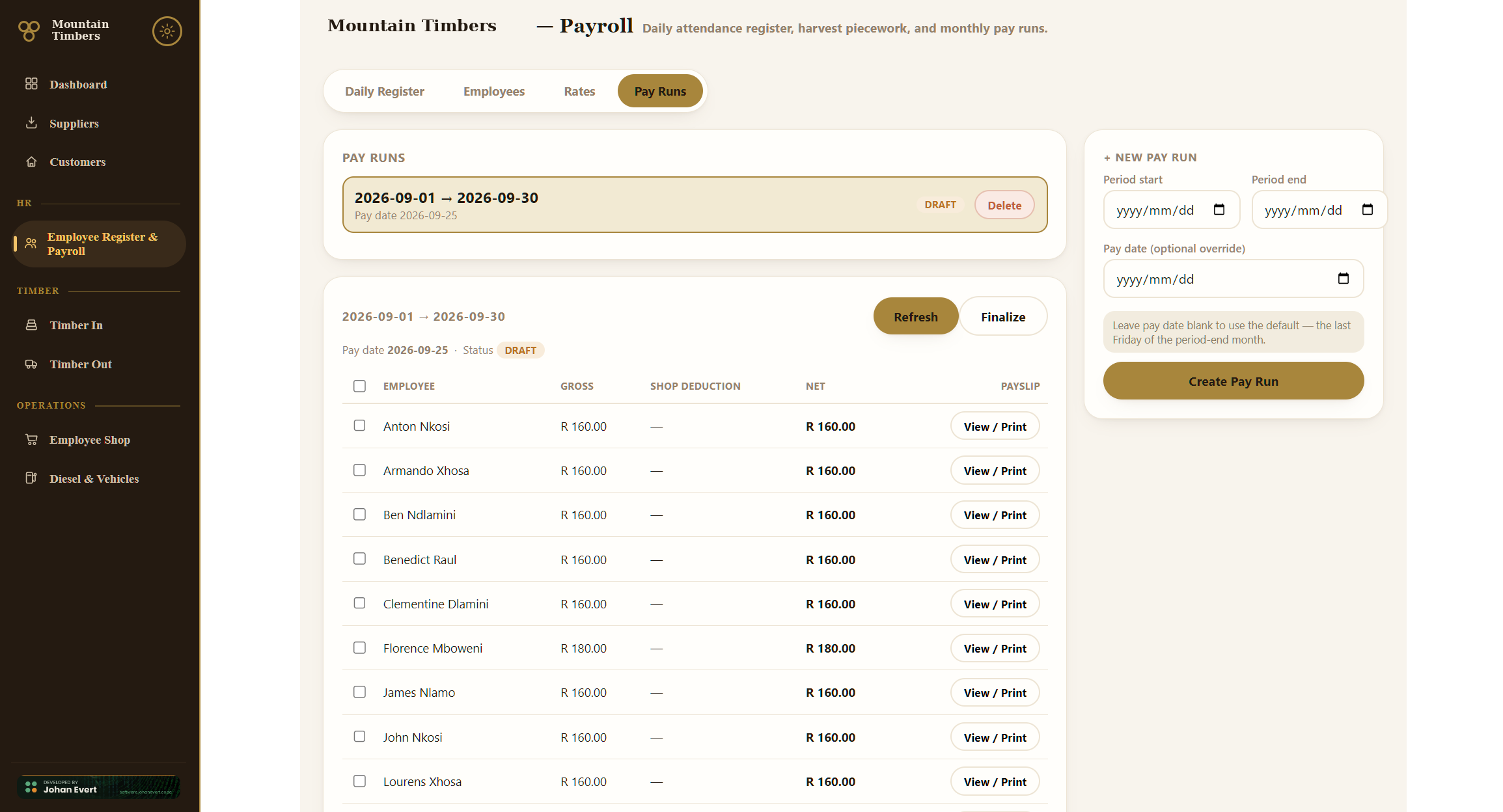 Payroll pay runs: generated payslips with gross, deduction and net.