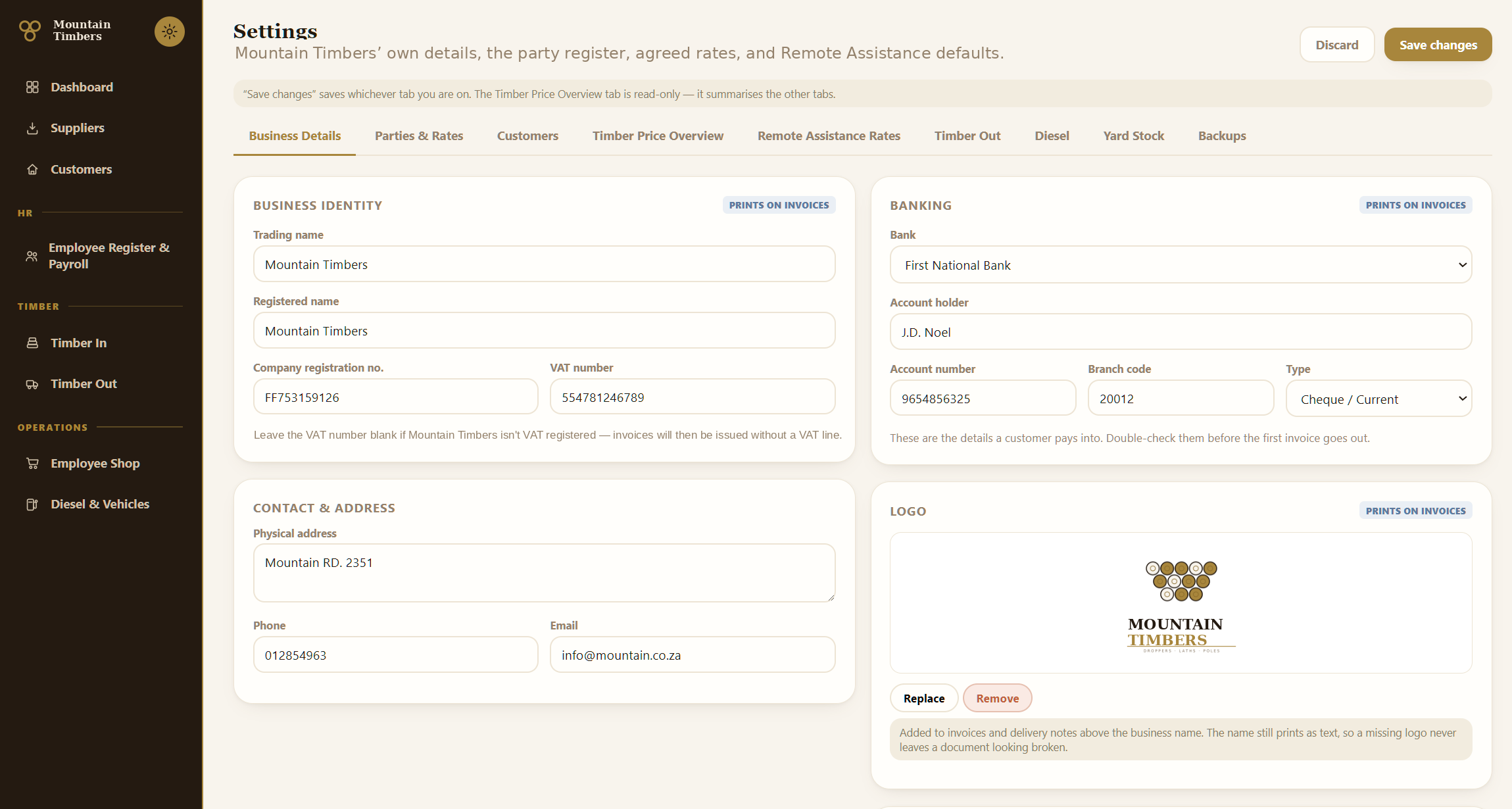 Settings: business identity, banking and logo, the office's own controls.
