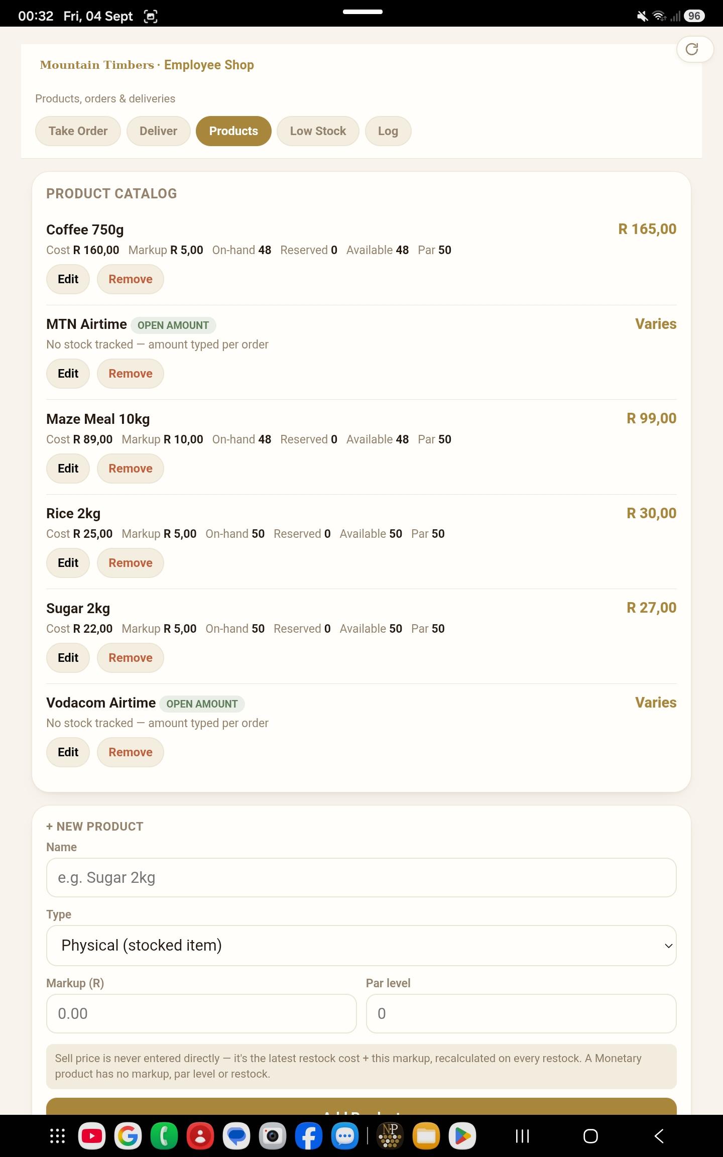 Android Employee Shop screen: products, orders and deliveries.
