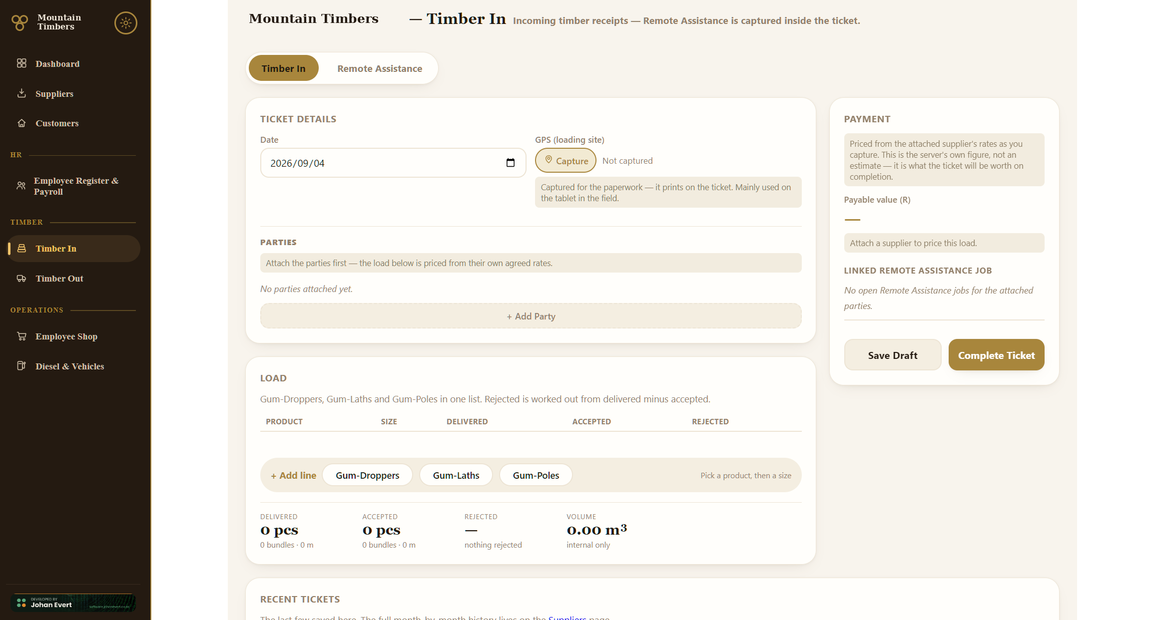 Desktop Timber In screen: ticket details, parties, load lines and a live payable value.
