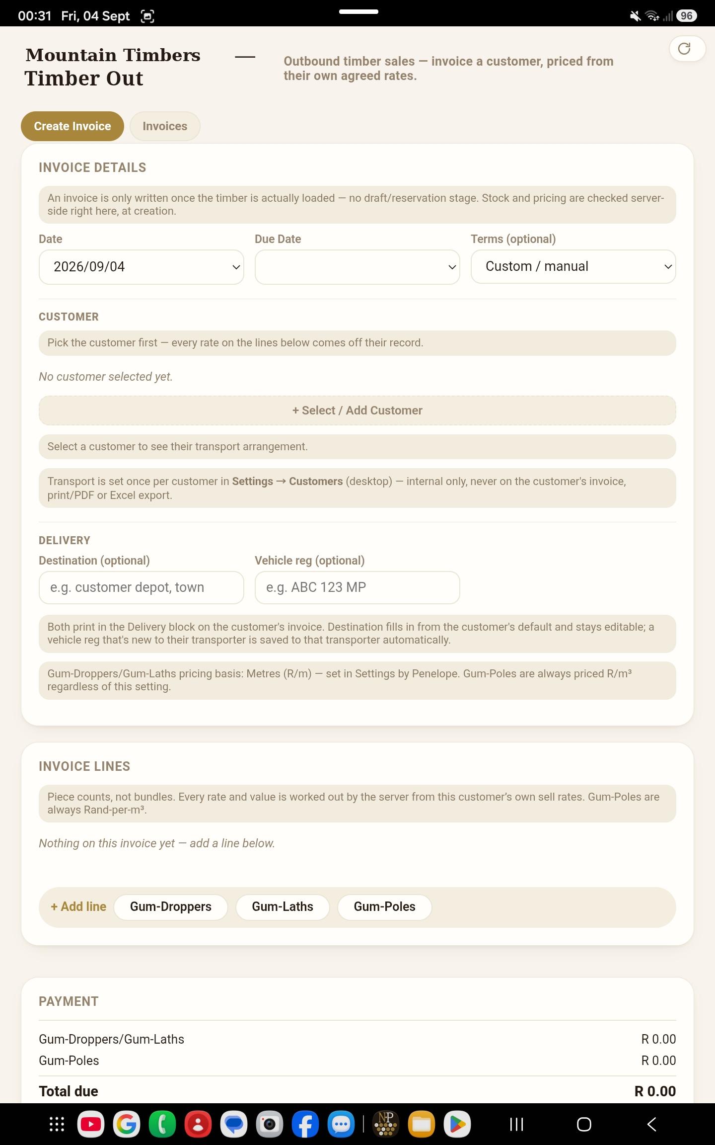Android Timber Out screen: creating a customer invoice in the field.
